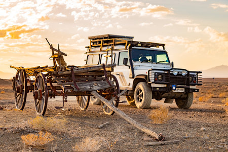 Karoo, South Africa - October 27, 2025: Old Land Rover Defender parked in an arid regionのeditorial素材