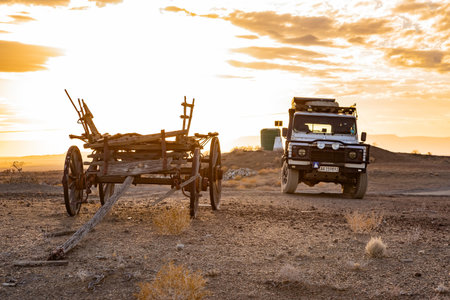 Karoo, South Africa - October 27, 2025: Old Land Rover Defender parked in an arid regionのeditorial素材