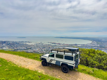 Cape Town, South Africa - September 19: Old Land Rover Defender parked on a mountain passのeditorial素材