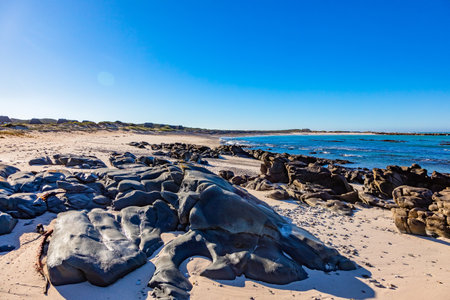 Tranquil coastline landscape with azure sky, sand, rocks, and gentle waves, South Africa