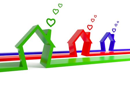 3d render of three houses with heart-clouds  isolated on white の写真素材