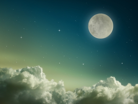 Dark blue sky with moon and starsの写真素材