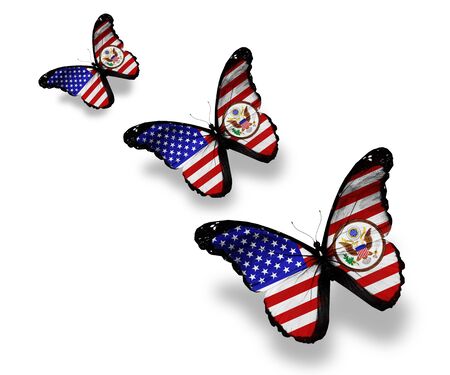 Three american flag butterflies with coat of arms, isolated on whiteの写真素材