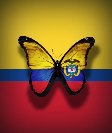 Colombian flag butterfly with coat of arms, isolated on flag backgroundの写真素材