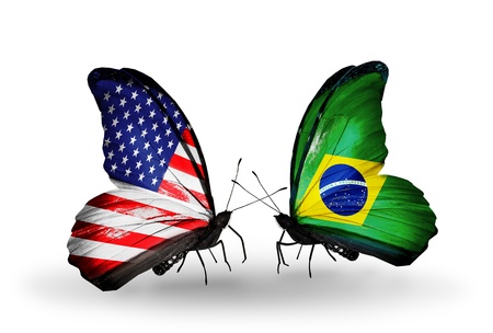 Two butterflies with flags on wings as symbol of relations USA and Brazilの写真素材
