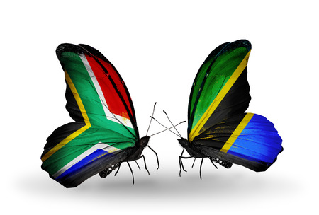 Two butterflies with flags on wings as symbol of relations South Africa and Tanzaniaの写真素材
