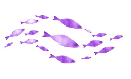 Silhouettes of groups of  fishes on white. Watercolorの写真素材