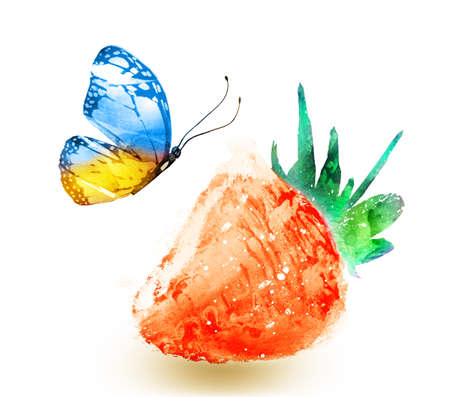 Watercolor strawberry with butterfly on whiteの写真素材
