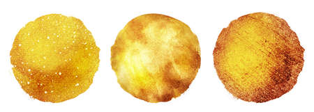 Watercolor golden circles dots on white background in yellow and orange gradient. Set