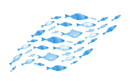Silhouettes of groups of fishes on white. Watercolorの写真素材