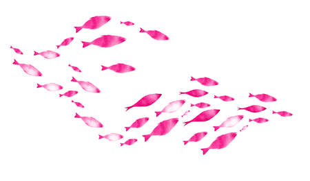 Silhouettes of groups of fishes on white. Watercolorの写真素材