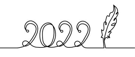 Calligraphic inscription of year 2022 with feather as continuous line drawing on white background