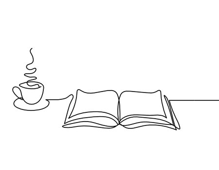 Abstract open book with hot drink (coffee, tea) as line drawing on white backgroundのイラスト素材