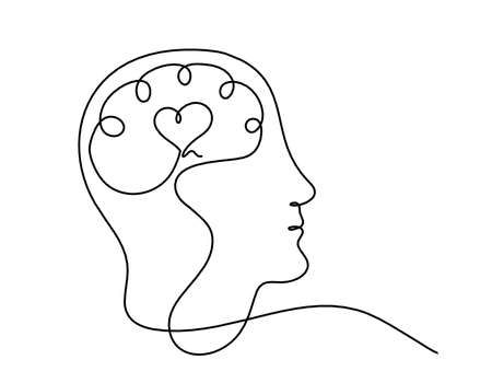 Man silhouette brain and heart as line drawing on white backgroundのイラスト素材