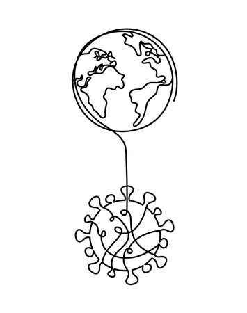 Abstract sign of corona virus and globe as line drawing on white backgroundのイラスト素材