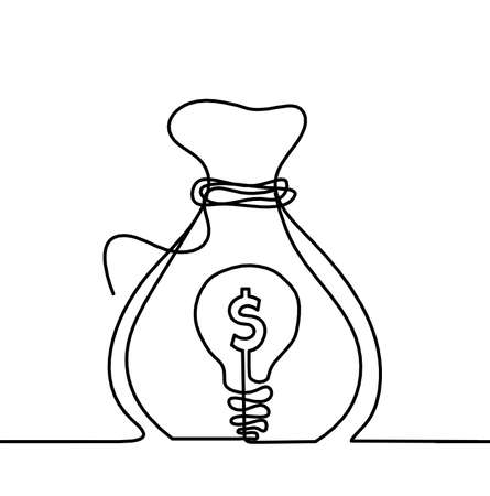 Abstract continuous lines drawing as bag of dollars and lamp on white backgroundのイラスト素材