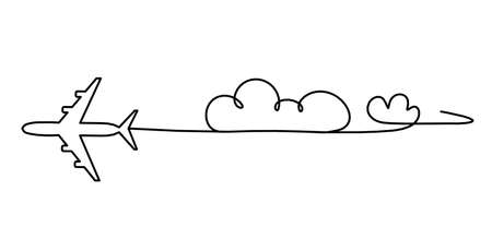Abstract plane with clouds as line drawing on white as backgroundのイラスト素材
