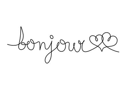Calligraphic inscription of word "bonjour"  with hearts as continuous line drawing on white  backgroundのイラスト素材