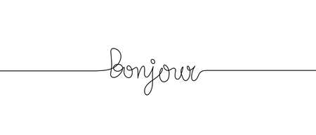 Calligraphic inscription of word "bonjour" as continuous line drawing on white  backgroundのイラスト素材