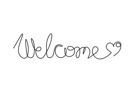 Calligraphic inscription of word "welcome" with hearts as continuous line drawing on white  backgroundのイラスト素材