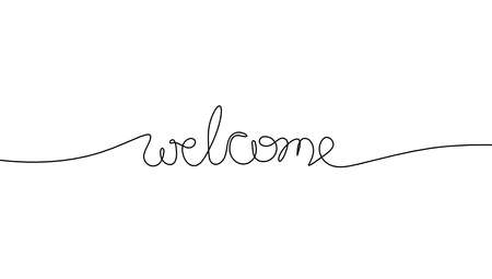 Calligraphic inscription of word "welcome" as continuous line drawing on white  backgroundの写真素材