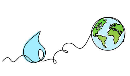 Abstract color drop with globe as line drawing on white background