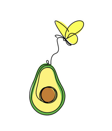 Drawing line color avocado with butterfly on the white backgroundのイラスト素材