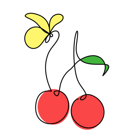 Drawing line color cherry with butterfly on the white backgroundのイラスト素材
