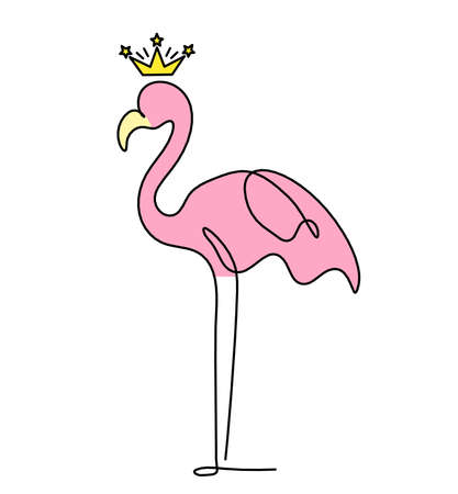Silhouette of abstract color flamingo with crown as line drawing on whiteのイラスト素材