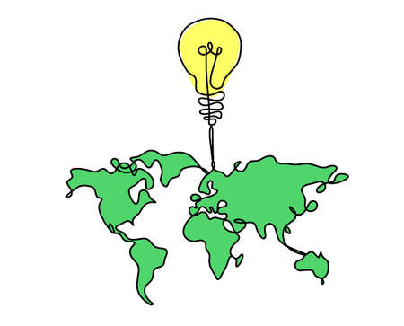 Color Map of planet Earth and light bulb as line drawing on white backgroundの写真素材