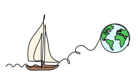 Abstract color boat with globe as line drawing on white backgroundのイラスト素材