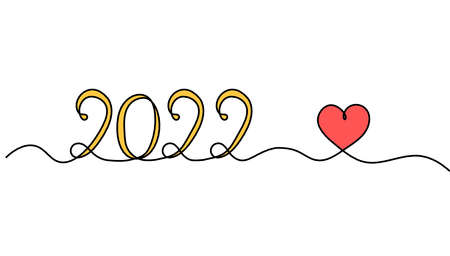Calligraphic color inscription of year 2022 with heart as continuous line drawing on white...