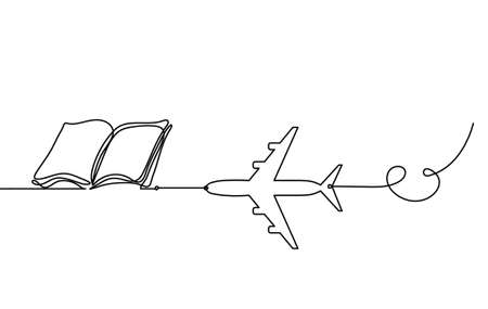 Abstract book with plane as line drawing on white backgroundのイラスト素材