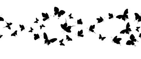 Seamless flock of silhouette black butterflies on white backgroundのイラスト素材