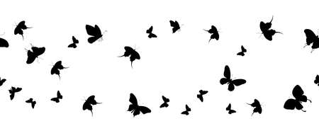 Seamless flock of silhouette black butterflies on white backgroundのイラスト素材