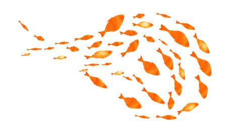 Silhouettes of groups of fishes on white. Watercolor