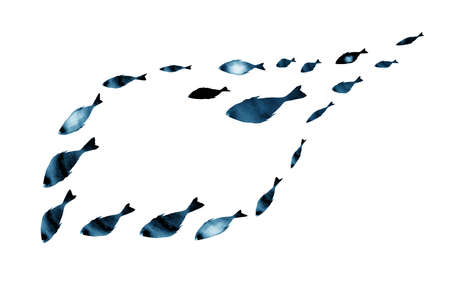 Silhouettes of groups of fishes on white. Watercolor. dark blueの写真素材
