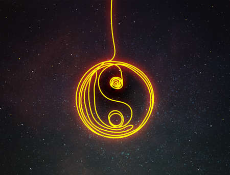 Night sky with stars and sign of yin and yang. Universeの写真素材
