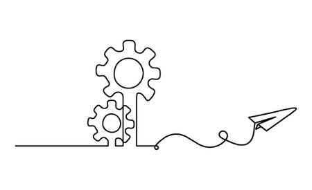 Abstract round metal gears wheels with paper plane as line drawing on white backgroundのイラスト素材
