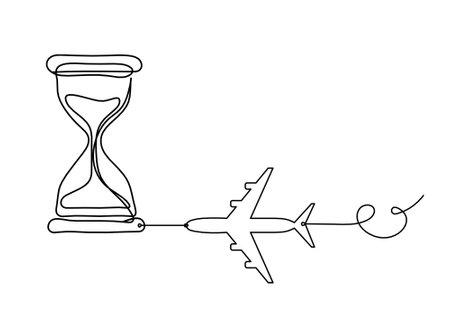 Abstract clock with plane as line drawing on white backgroundのイラスト素材