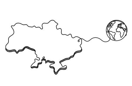 Map of Ukraine with globe as line drawing on white backgroundのイラスト素材