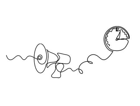 Abstract megaphone with clock as continuous lines drawing on white backgroundのイラスト素材