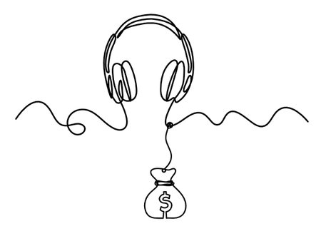Abstract headphones with dollar as continuous lines drawing on white backgroundのイラスト素材