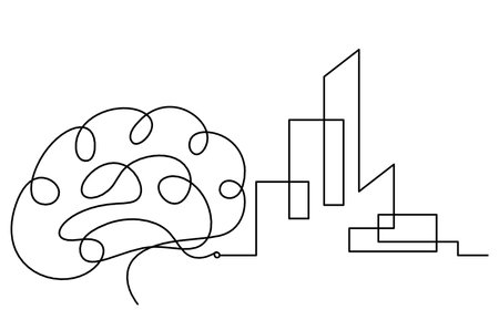 Abstract architecture with brain as continuous lines drawing on white backgroundのイラスト素材