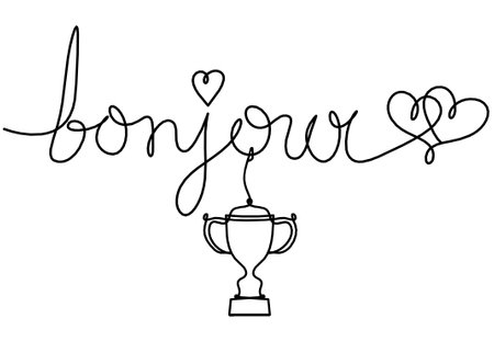 Calligraphic inscription of word "bonjour", "hello" with trophy as continuous line drawing on white  backgroundのイラスト素材