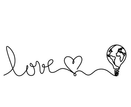 Calligraphic inscription of word "love" and light bulb as continuous line drawing on white backgroundのイラスト素材