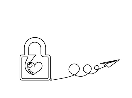 Abstract heart-lock with paper plane as continuous line drawing on white backgroundのイラスト素材