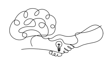 Abstract handshake and brain as line drawing on white backgroundのイラスト素材