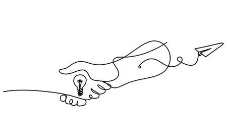 Abstract handshake and paper plane as line drawing on white backgroundのイラスト素材