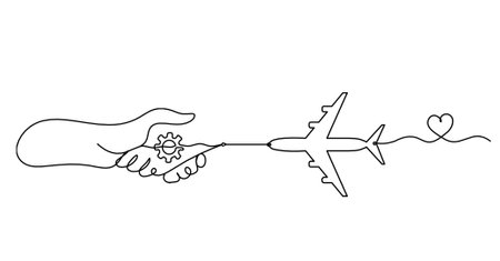 Abstract handshake and plane as line drawing on white backgroundのイラスト素材